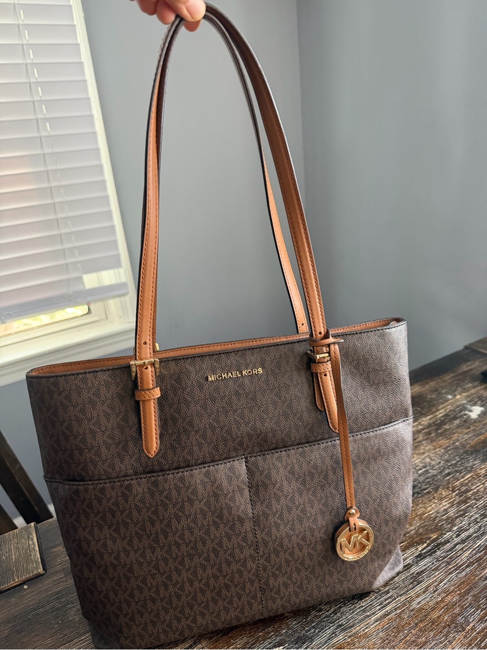 Michael Kors Brown Signature Tote with Tan Leather Trim